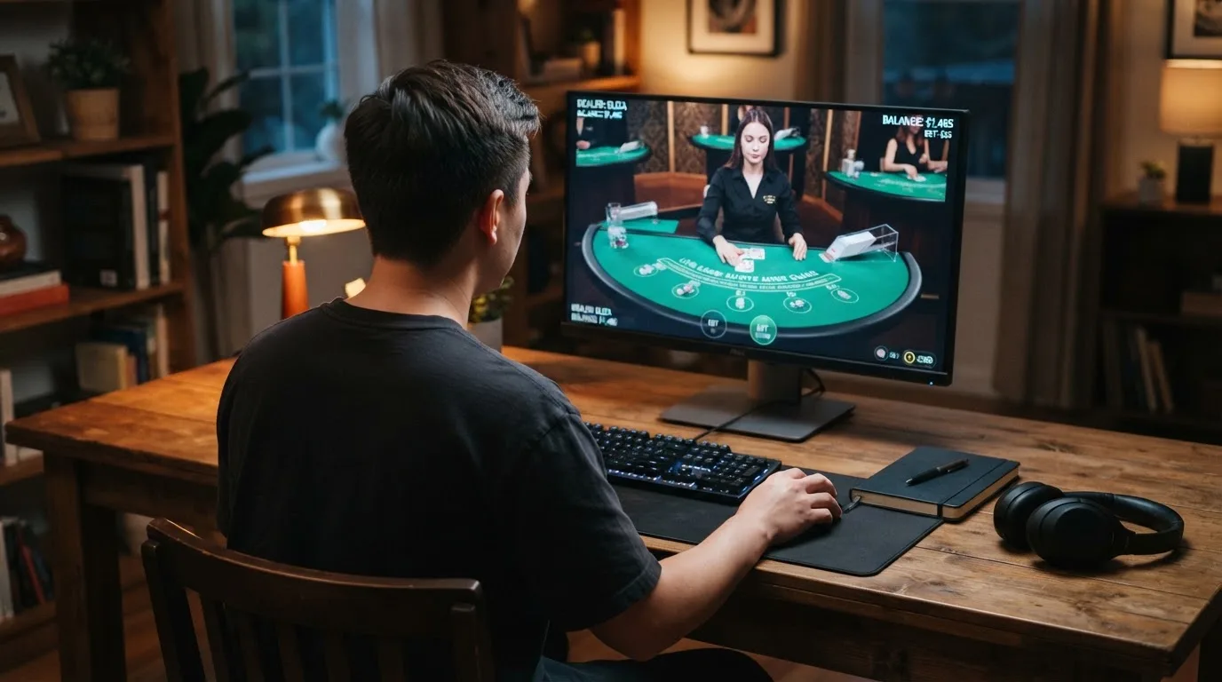 Pessoa sentada à secretária a ver um estúdio de casino em direto num monitor largo, com auscultadores e um caderno fechado ao lado.