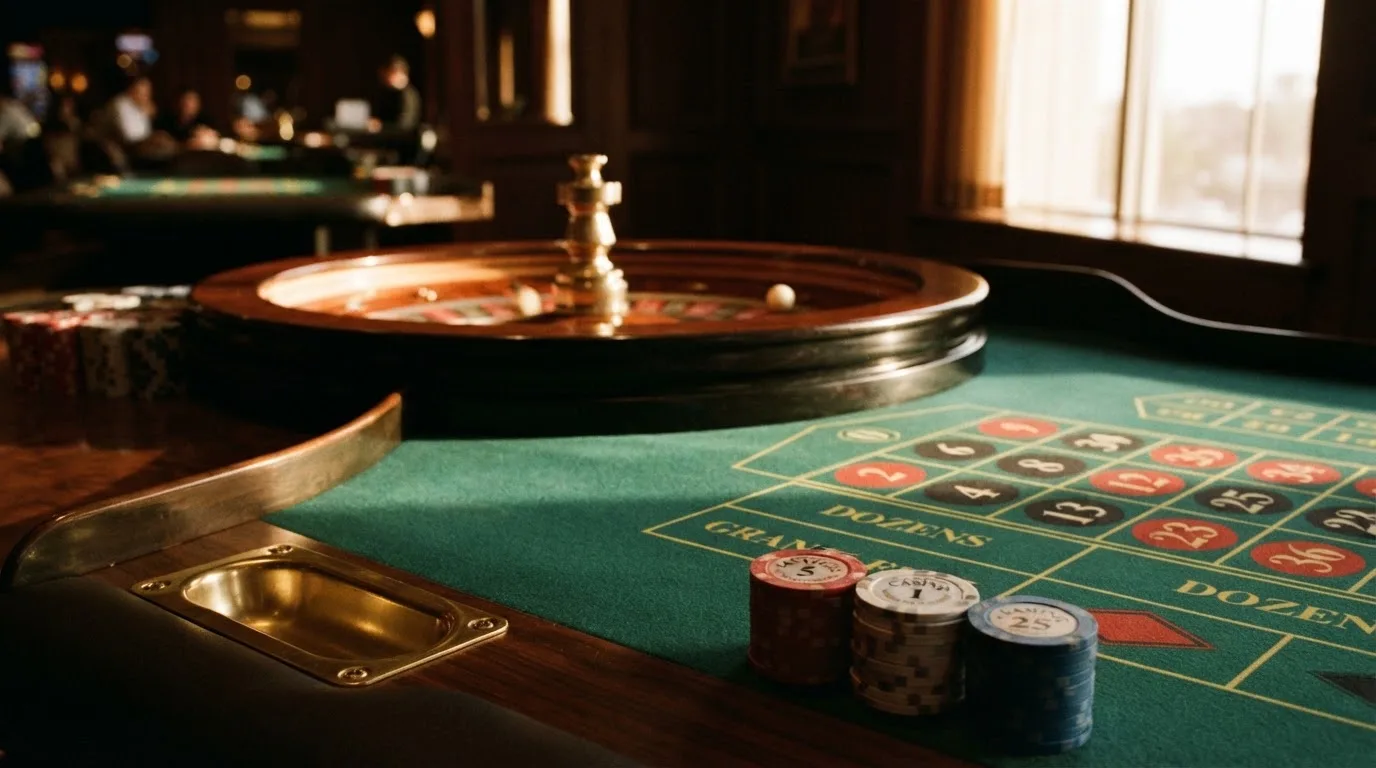 Roda de roleta e fichas sobre feltro verde, sob uma luz quente de fim de tarde — casinos com apple pay em portugal