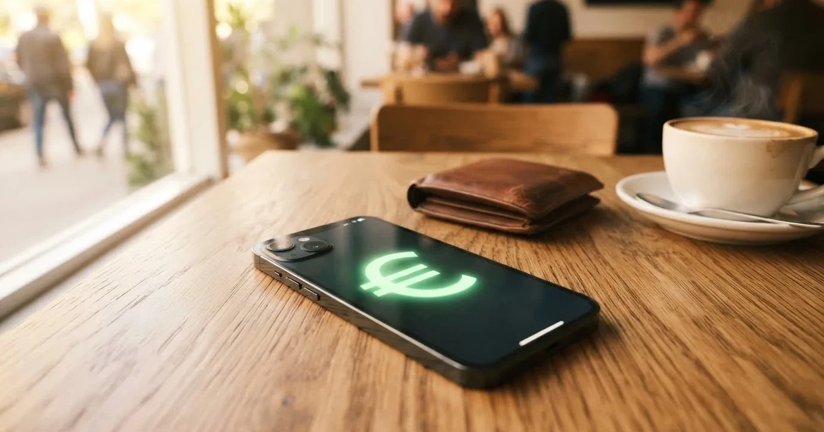 Telemóvel numa mesa de madeira ao lado de uma carteira e de uma chávena de café — casinos com apple pay em portugal