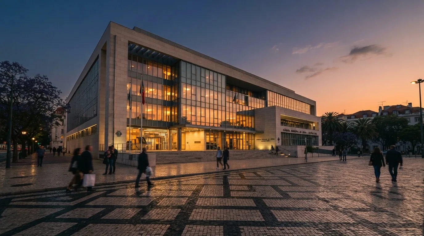 Fachada de um edifício administrativo moderno em Lisboa ao entardecer, com janelas amplas, calçada portuguesa e algumas pessoas a passar.