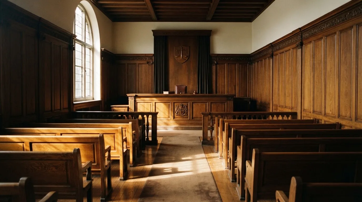 Sala de tribunal vazia com painéis de madeira, à luz da manhã — casinos com bônus em portugal