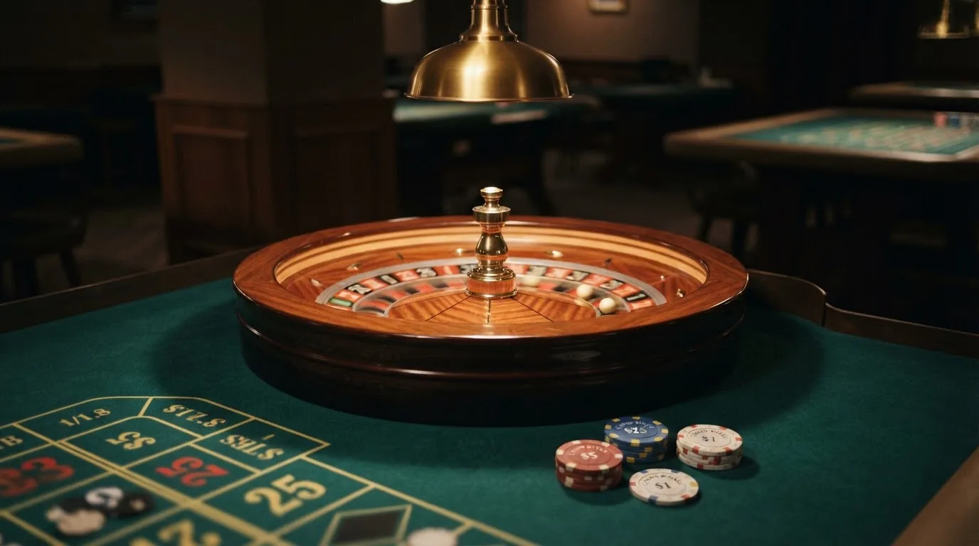 Roda de roleta e fichas sobre feltro verde, sob uma luz quente de fim de tarde — casinos com bônus em portugal