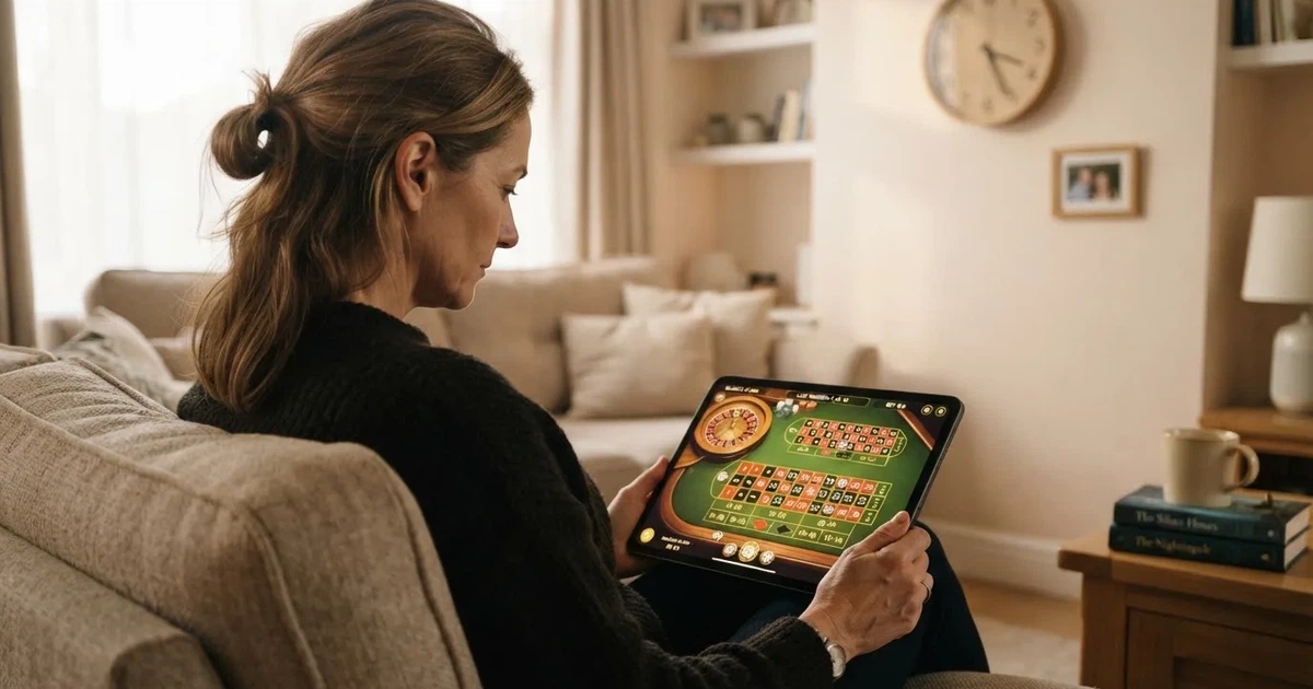 Pessoa num sofá a olhar pensativa para um tablet, com um relógio na parede atrás — casinos com bônus em portugal