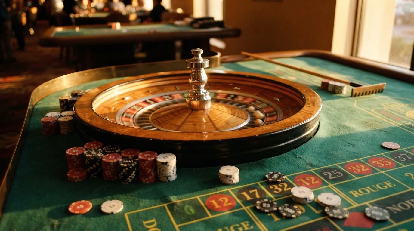 Roda de roleta e fichas sobre feltro verde, sob uma luz quente de fim de tarde — casinos com depósito mínimo pt