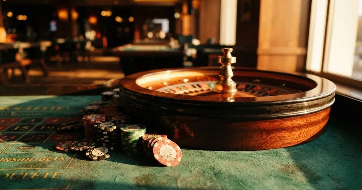 Roda de roleta e fichas sobre feltro verde, sob uma luz quente de fim de tarde — casinos com dinheiro em portugal