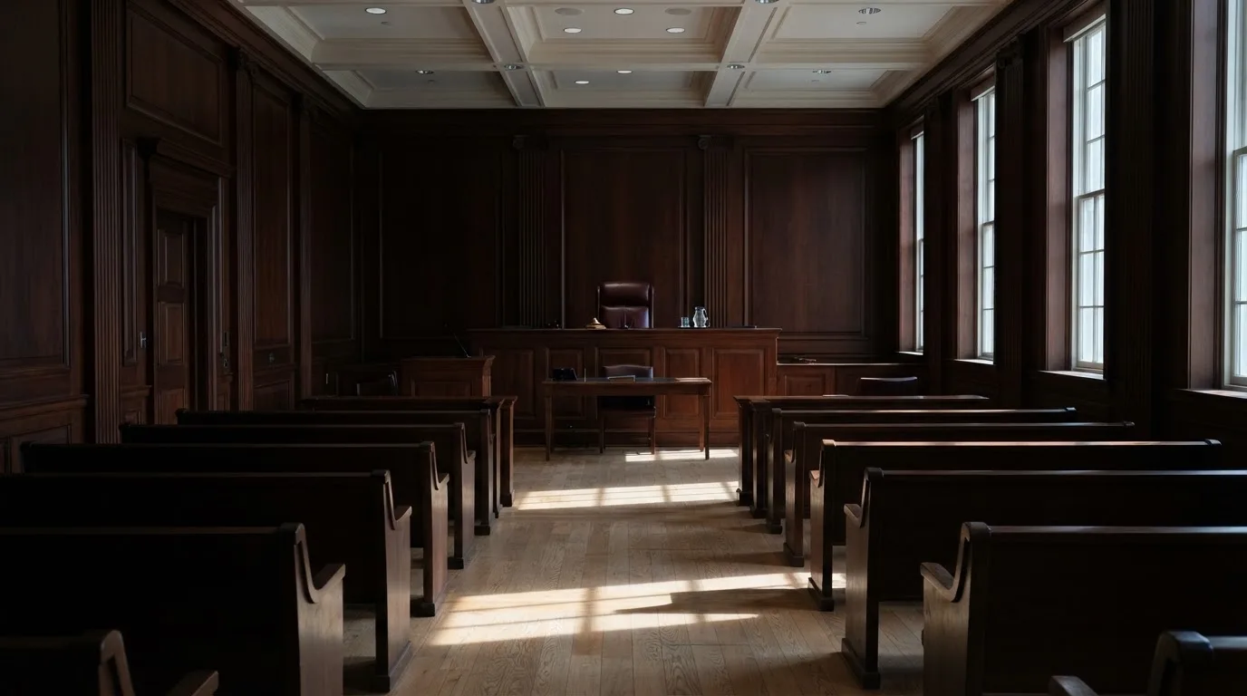 Sala de tribunal vazia com painéis de madeira, à luz da manhã — casinos com google pay em portugal