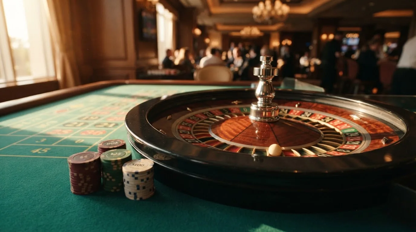 Roda de roleta e fichas sobre feltro verde, sob uma luz quente de fim de tarde — casinos com maestro em portugal