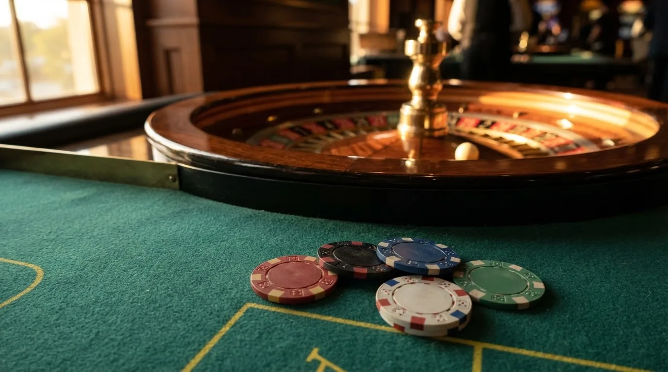 Roda de roleta e fichas sobre feltro verde, sob uma luz quente de fim de tarde — casinos com mastercard em portugal