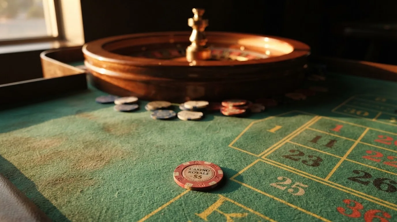 Roda de roleta e fichas sobre feltro verde, sob uma luz quente de fim de tarde — casinos com mifinity em portugal
