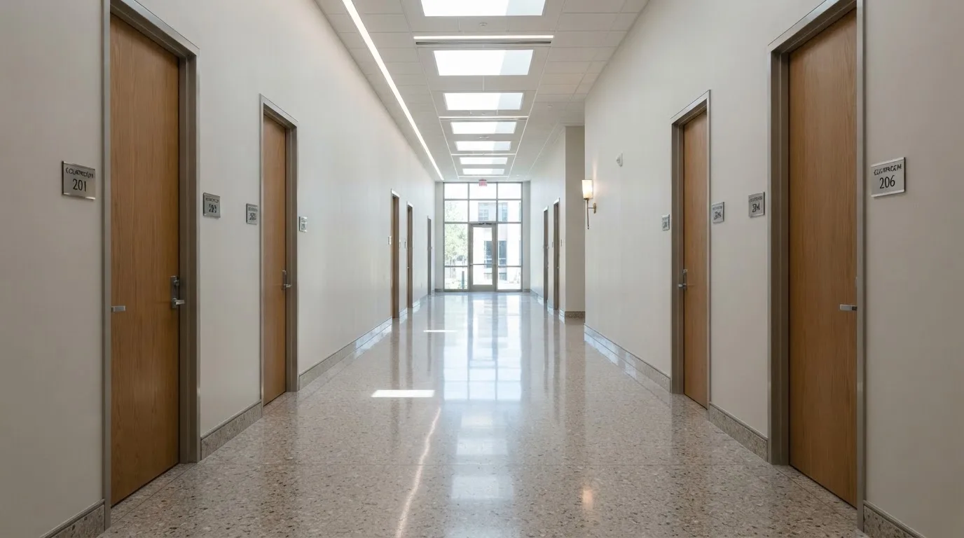 Corredor de um tribunal moderno com portas de madeira e pavimento polido, sem pessoas, luz natural vinda de uma claraboia.
