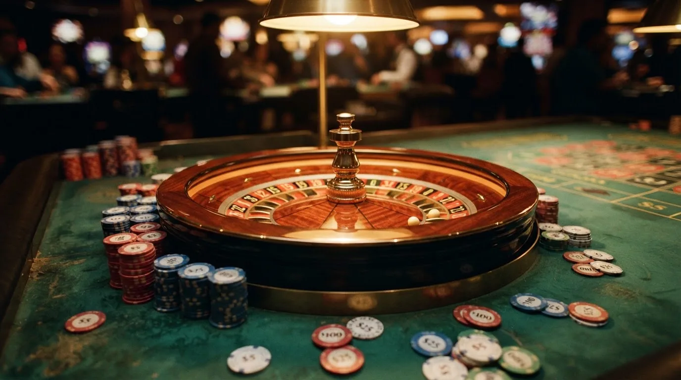 Roda de roleta e fichas sobre feltro verde, sob uma luz quente de fim de tarde — casinos com neteller em portugal