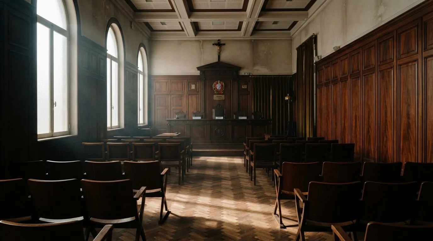 Sala de tribunal vazia com painéis de madeira, à luz da manhã — casinos com paypal em portugal
