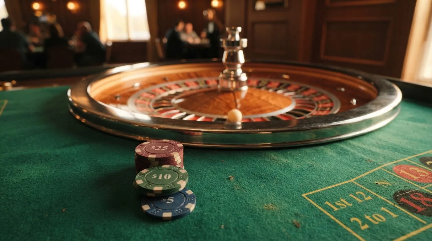 Roda de roleta e fichas sobre feltro verde, sob uma luz quente de fim de tarde — casinos com paypal em portugal
