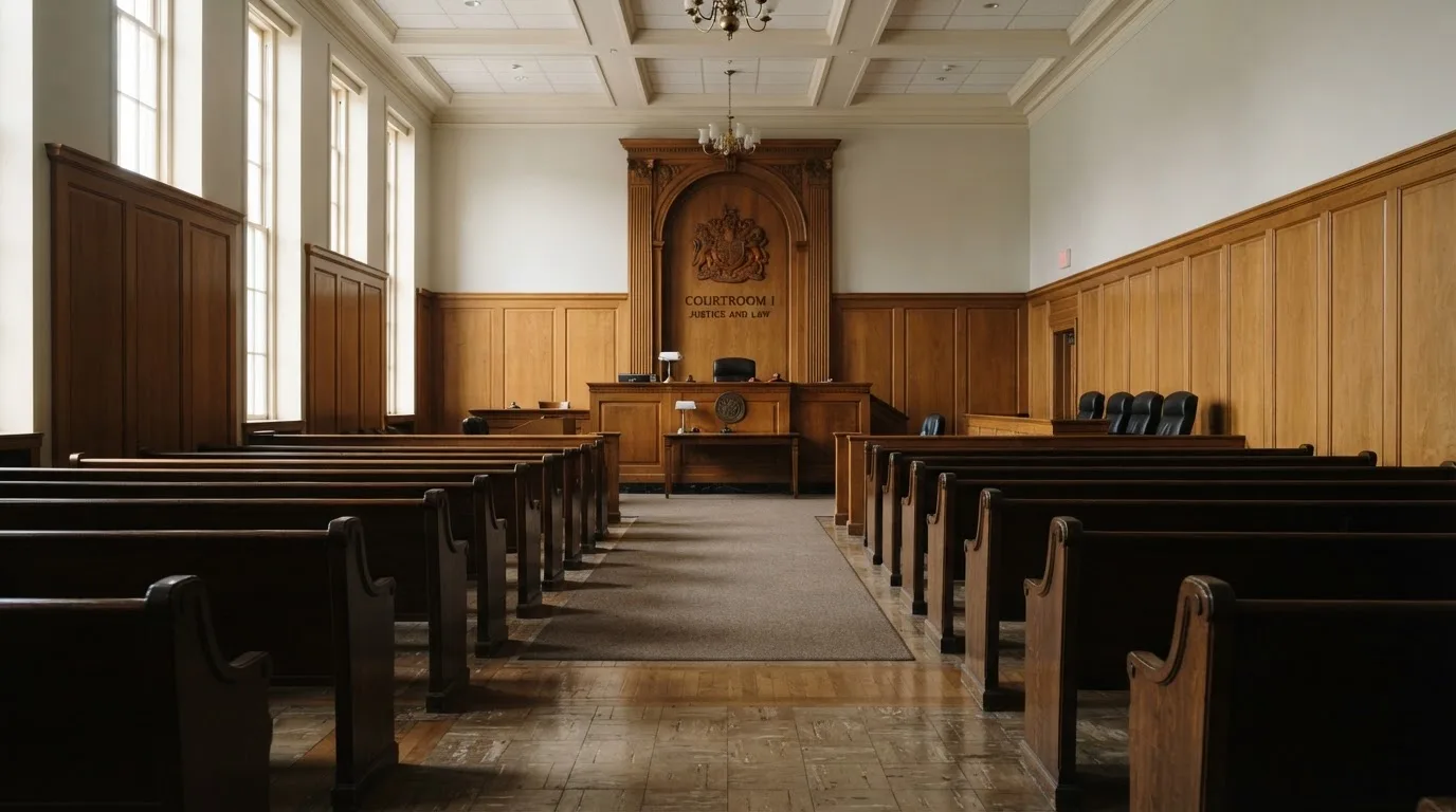 Sala de tribunal vazia com painéis de madeira, à luz da manhã — casinos com payu em portugal