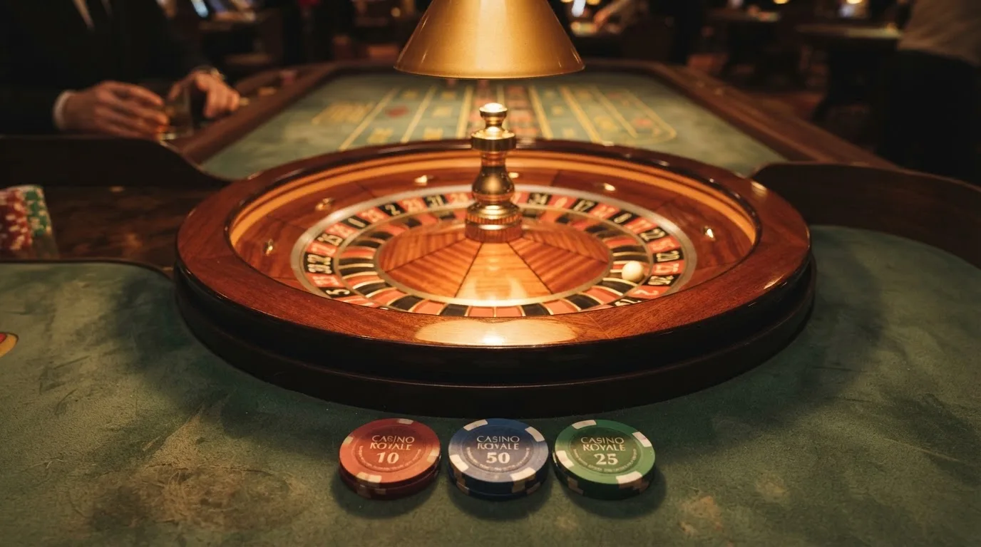 Roda de roleta e fichas sobre feltro verde, sob uma luz quente de fim de tarde — casinos com payu em portugal