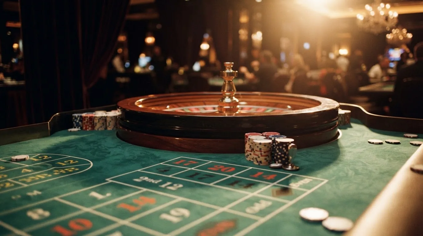 Roda de roleta e fichas sobre feltro verde, sob uma luz quente de fim de tarde — casinos com rodadas em portugal