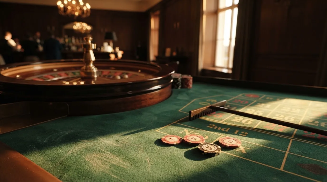 Roda de roleta e fichas sobre feltro verde, sob uma luz quente de fim de tarde — casinos com skrill em portugal