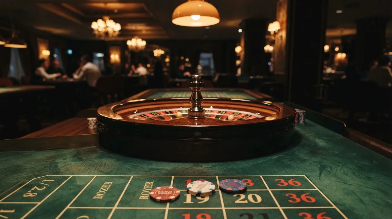 Roda de roleta e fichas sobre feltro verde, sob uma luz quente de fim de tarde — casinos com transferência bancária pt
