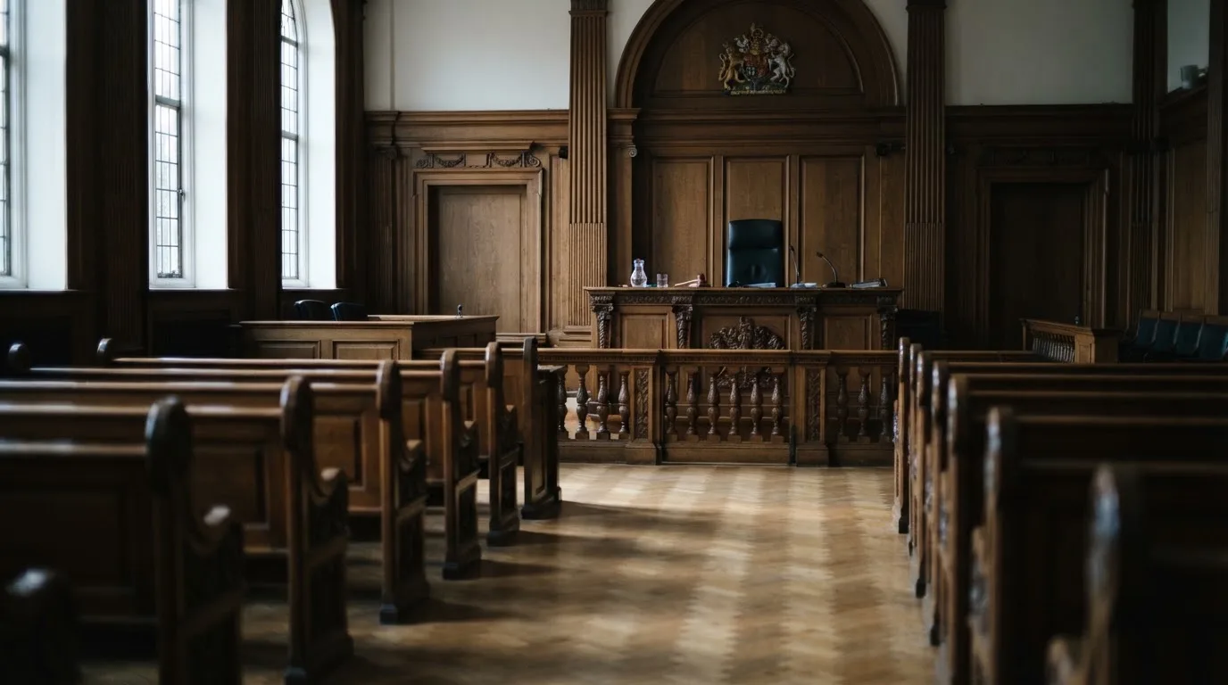 Sala de tribunal vazia com painéis de madeira, à luz da manhã — casinos com visa em portugal