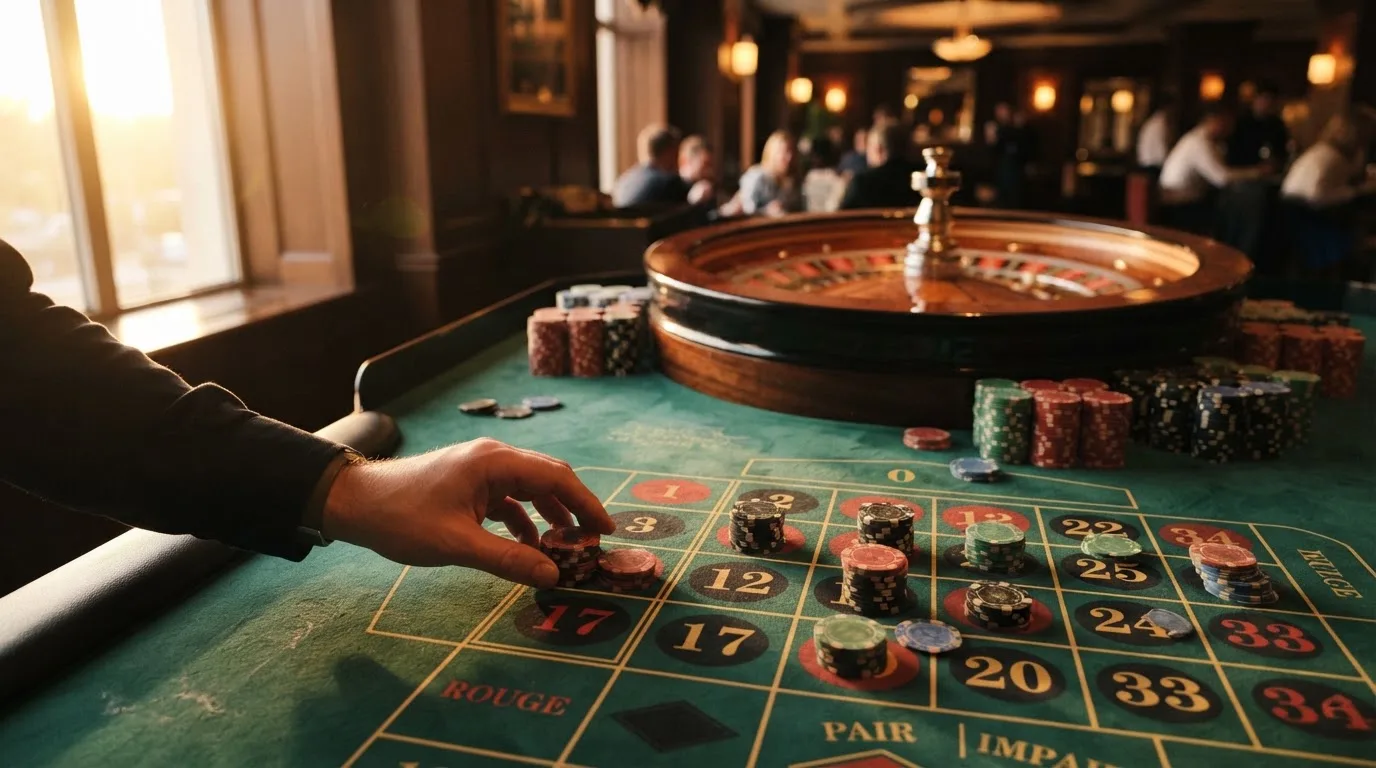 Roda de roleta e fichas sobre feltro verde, sob uma luz quente de fim de tarde — casinos com visa em portugal