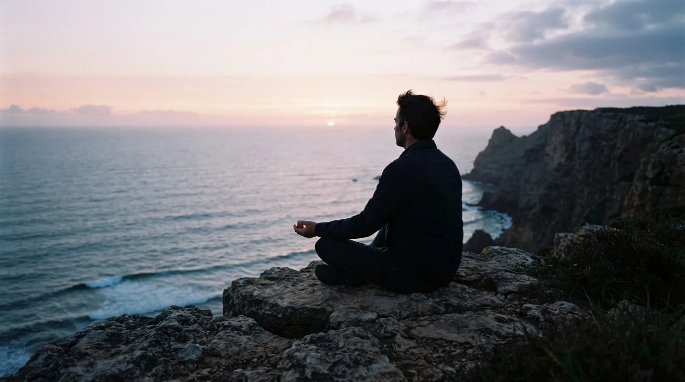 Homem sentado numa falésia a olhar o mar do Algarve ao amanhecer, ambiente calmo, sem telemóvel à vista.