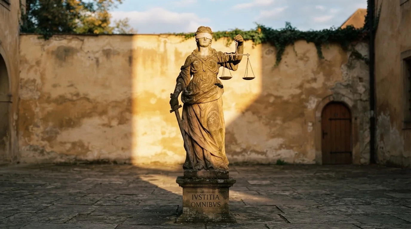 Estátua de mulher com balança e venda nos olhos num pátio de pedra, com luz rasante do sol ao fim da tarde.