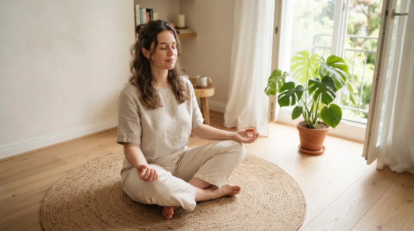 Mulher a meditar numa sala luminosa, sentada no chão sobre um tapete, com plantas e janela aberta, expressão serena.