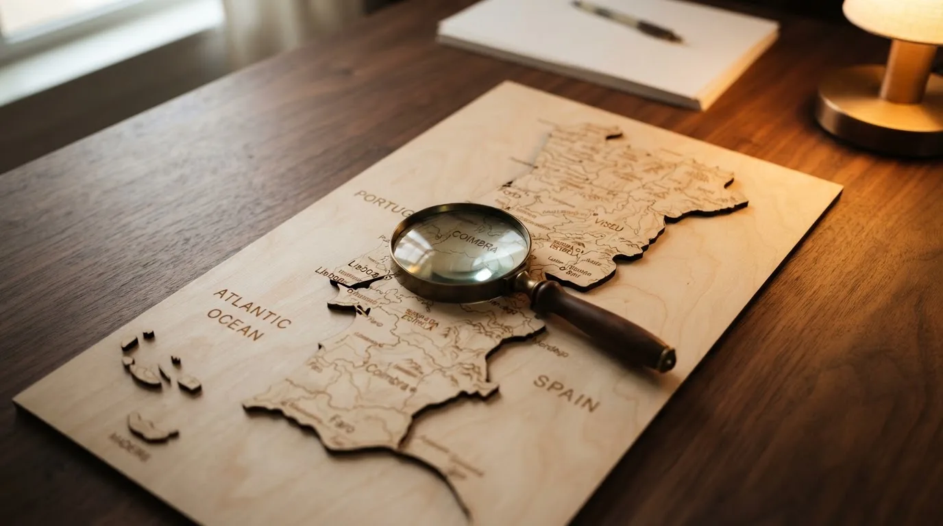 Mapa de Portugal recortado em madeira sobre uma mesa, com uma lupa por cima e luz de candeeiro quente.