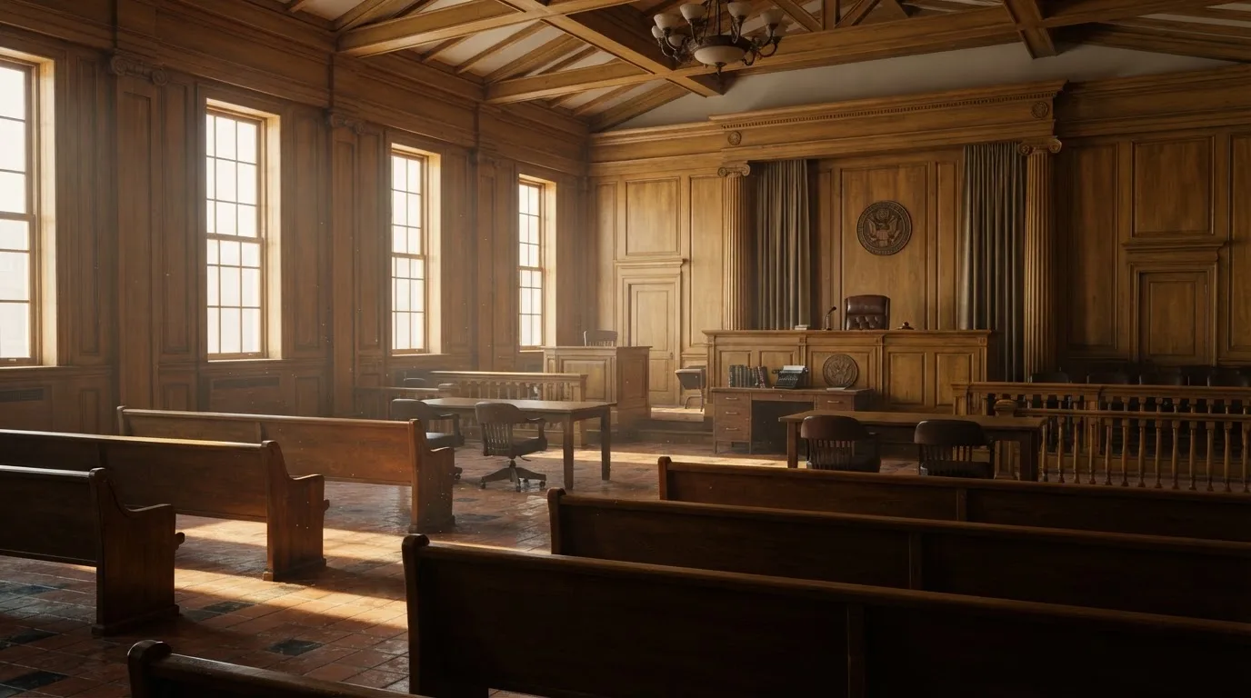 Sala de tribunal vazia com painéis de madeira, à luz da manhã — casinos grátis em portugal