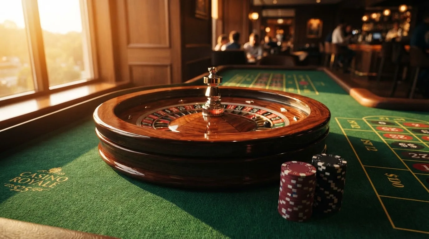 Roda de roleta e fichas sobre feltro verde, sob uma luz quente de fim de tarde — casinos grátis em portugal