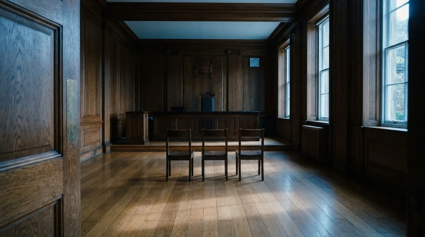 Sala de tribunal vazia com painéis de madeira, à luz da manhã — casinos legais em portugal