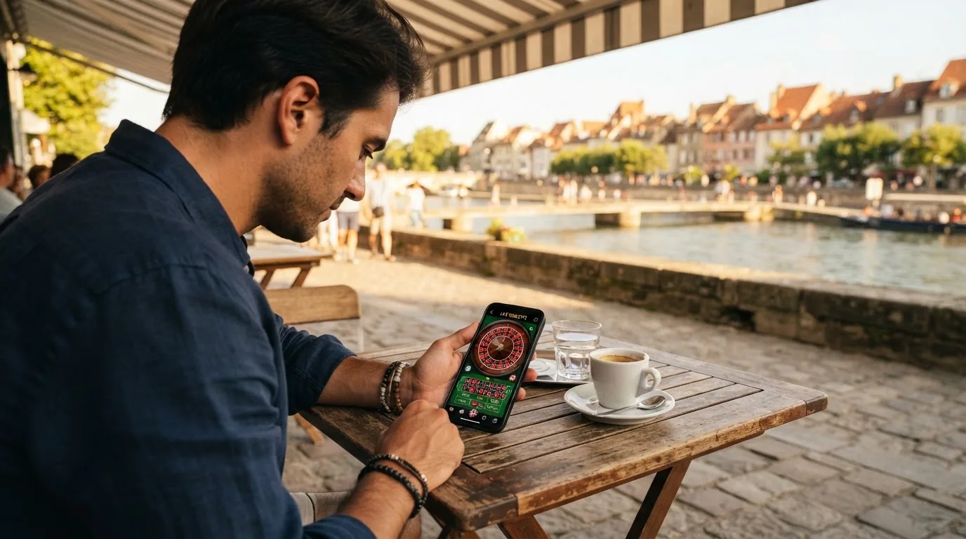 Pessoa a jogar no telemóvel numa esplanada, com um café pousado na mesa e o rio ao fundo, sob sol suave.