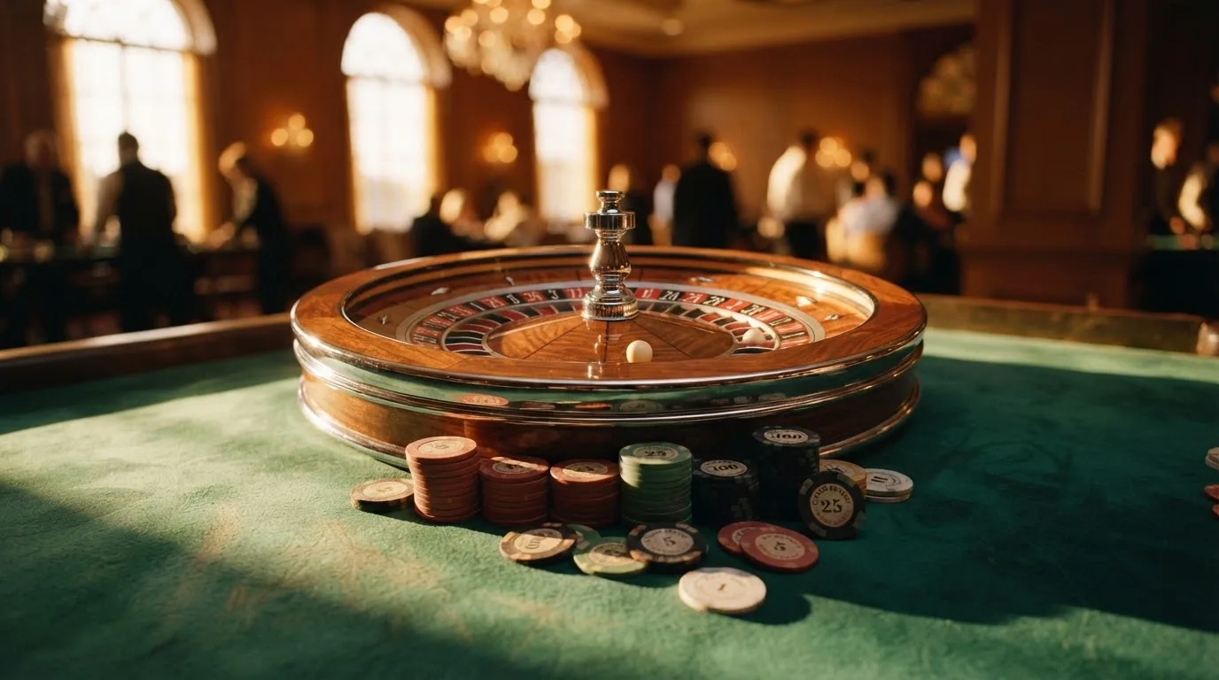 Roda de roleta e fichas sobre feltro verde, sob uma luz quente de fim de tarde — casinos online com depósito pt