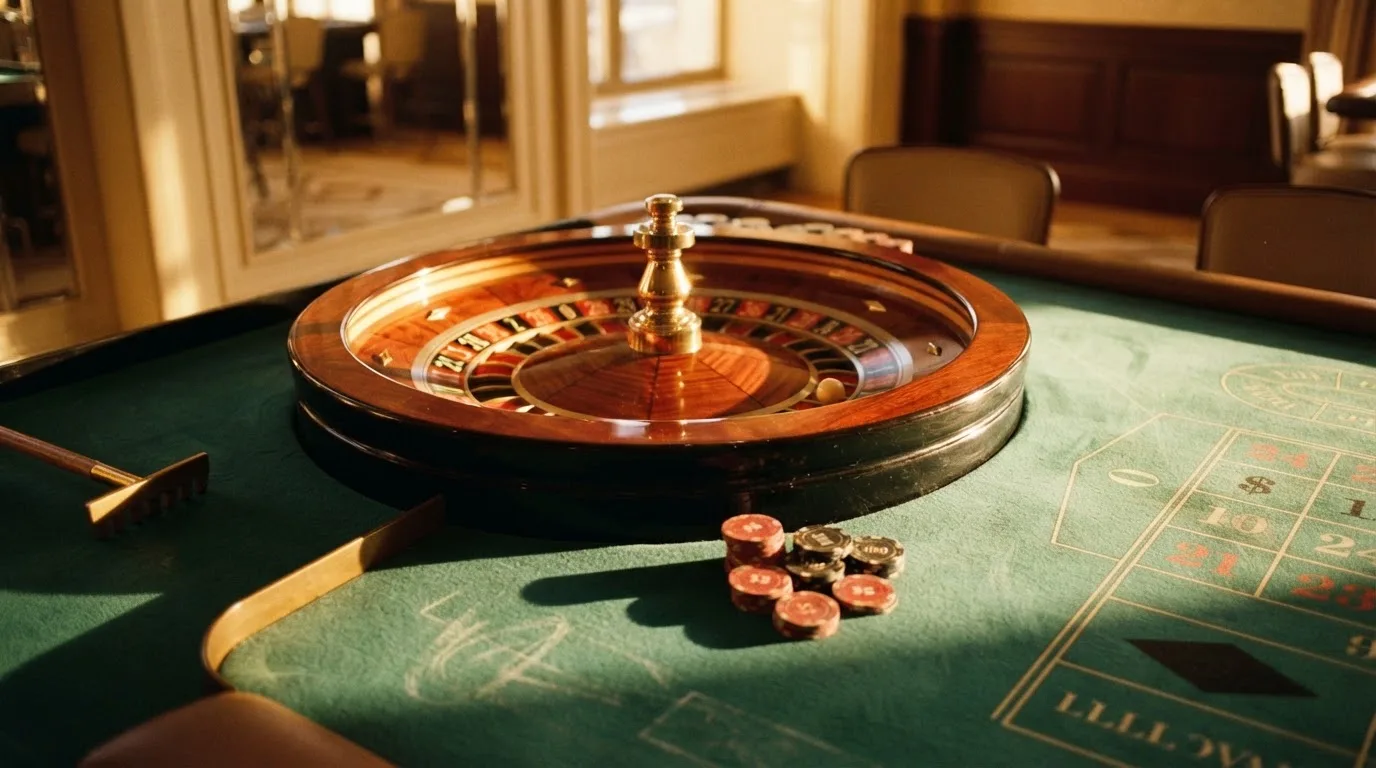 Roda de roleta e fichas sobre feltro verde, sob uma luz quente de fim de tarde — casinos online grátis em portugal