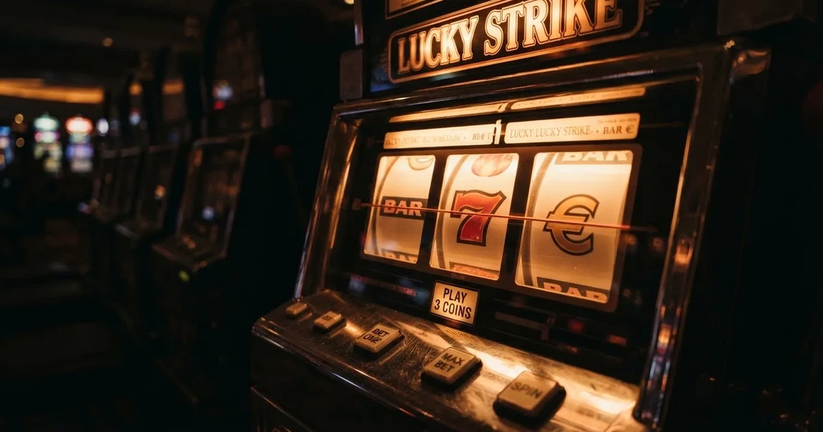 Rolos luminosos de uma slot machine numa sala escura, em grande plano — casinos online grátis em portugal