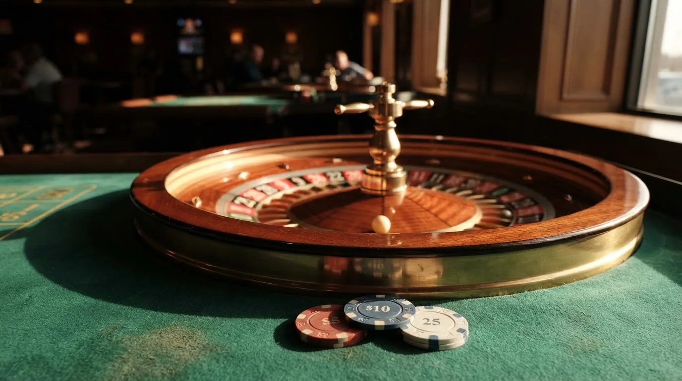 Roda de roleta e fichas sobre feltro verde, sob uma luz quente de fim de tarde — casinos online sem depósito pt
