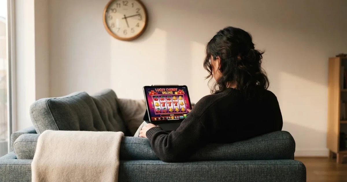 Pessoa num sofá a olhar pensativa para um tablet, com um relógio na parede atrás — casinos online sem depósito pt