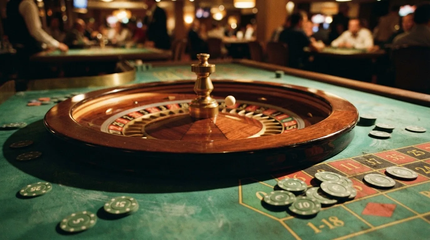 Roda de roleta e fichas sobre feltro verde, sob uma luz quente de fim de tarde — casinos para ganhar dinheiro pt