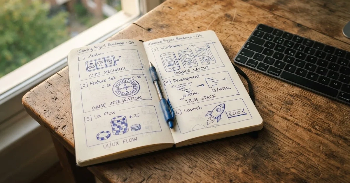 Caderno com um esboço passo a passo ao lado de um teclado — casinos para ganhar dinheiro pt