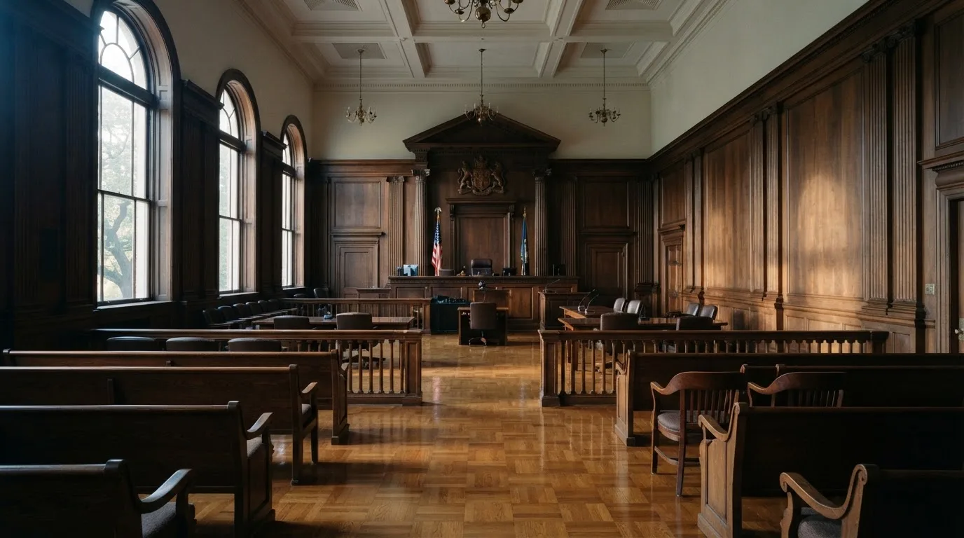 Sala de tribunal vazia com painéis de madeira, à luz da manhã — cassino com depósito em portugal
