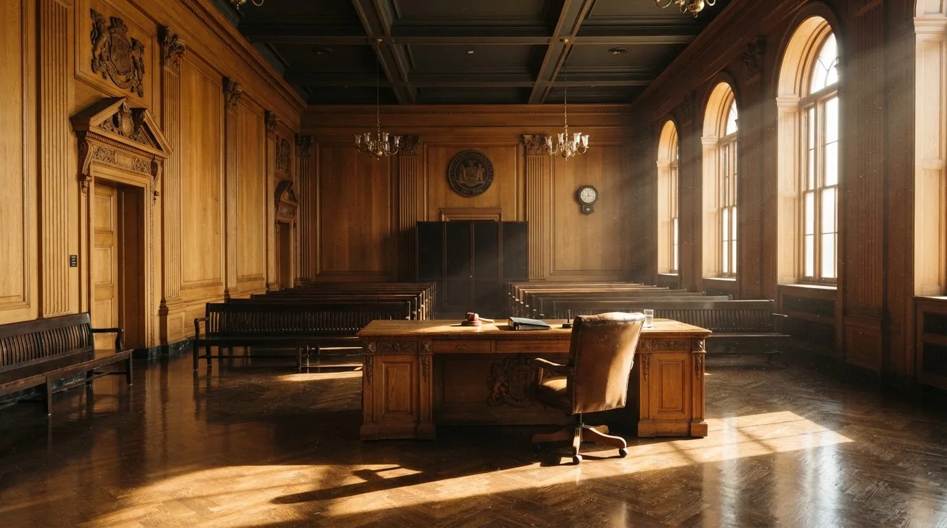 Sala de tribunal vazia com painéis de madeira, à luz da manhã — cassino com roleta em portugal
