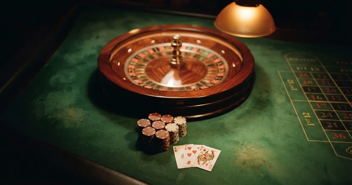 Mesa de jogo iluminada com cartas, vista de cima — cassino com roleta em portugal