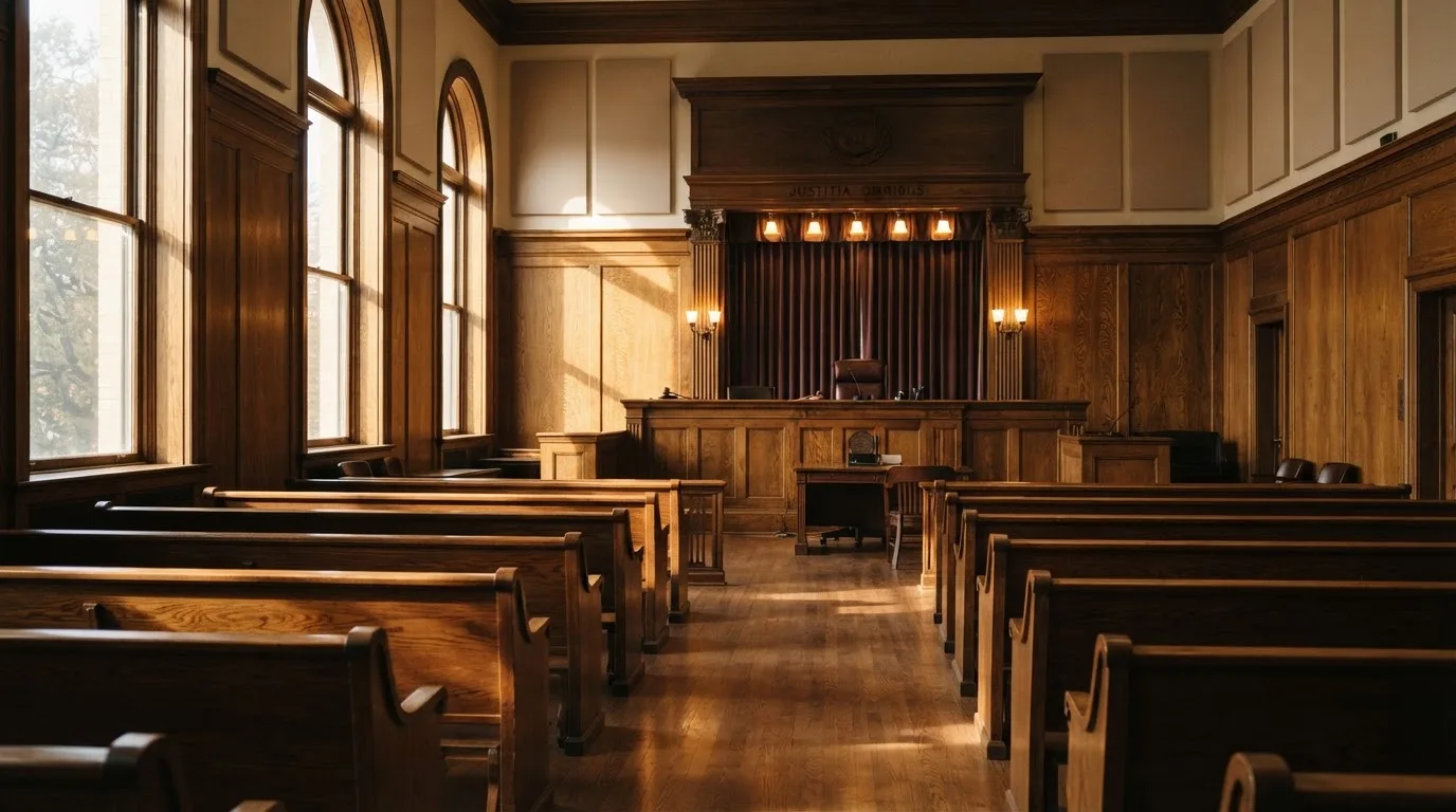 Sala de tribunal vazia com painéis de madeira, à luz da manhã — cassino grátis em portugal
