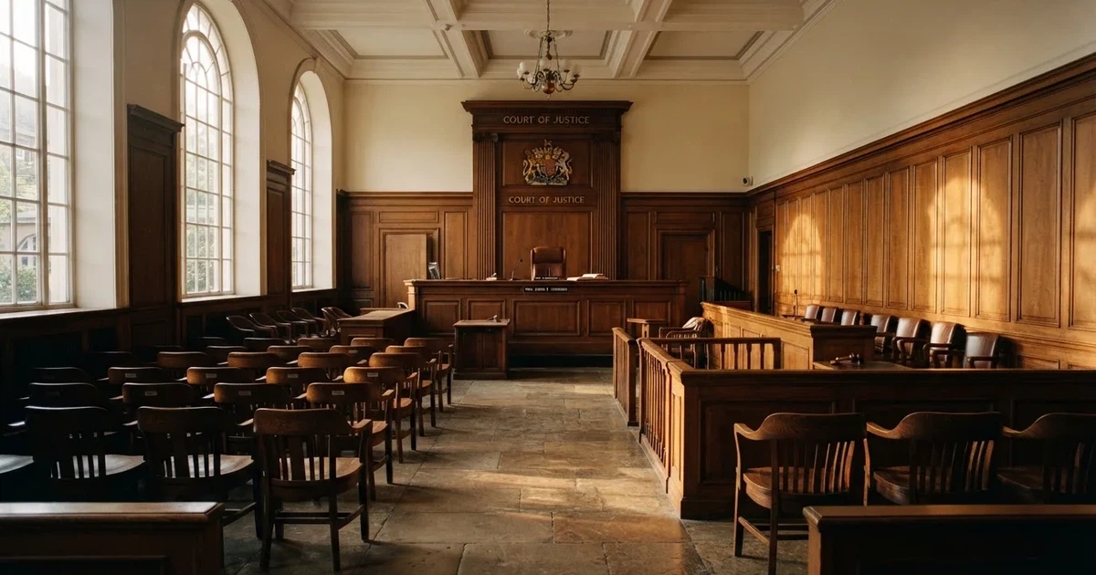 Sala de tribunal vazia com painéis de madeira, à luz da manhã — cassino seguro em portugal