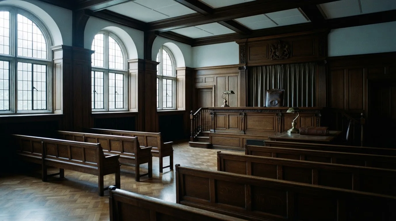Sala de tribunal vazia com painéis de madeira, à luz da manhã — cassinos ao vivo em portugal