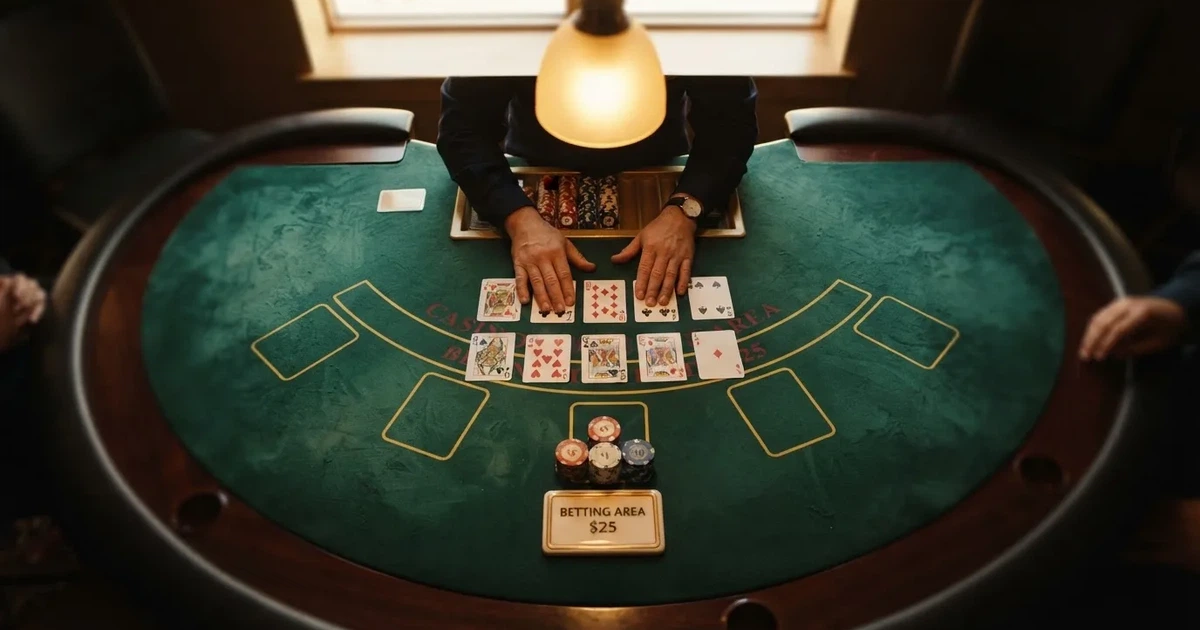 Mesa de jogo iluminada com cartas, vista de cima — cassinos ao vivo em portugal