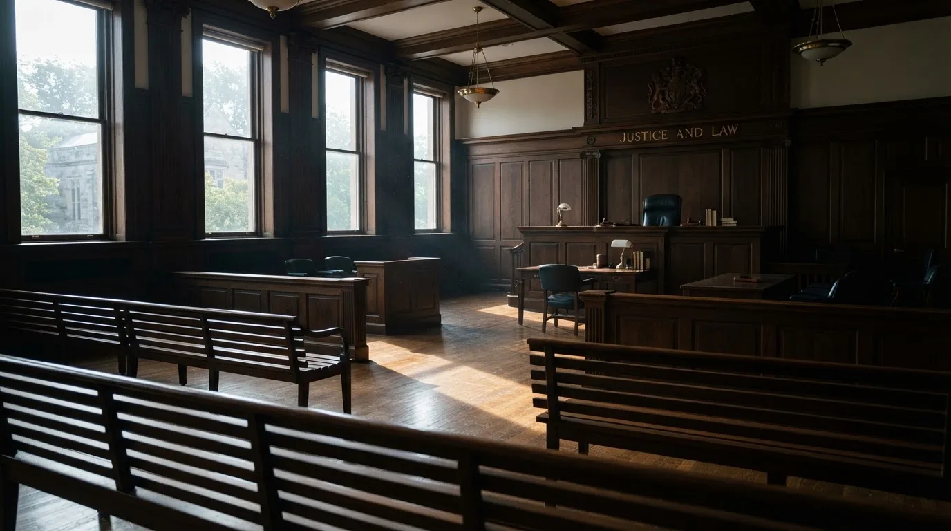 Sala de tribunal vazia com painéis de madeira, à luz da manhã — cassinos com bitcoin em portugal