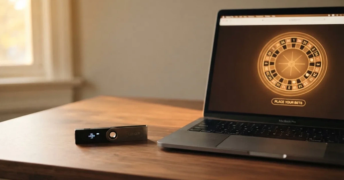 Carteira de hardware e computador portátil numa secretária, com luz suave — cassinos com bitcoin em portugal