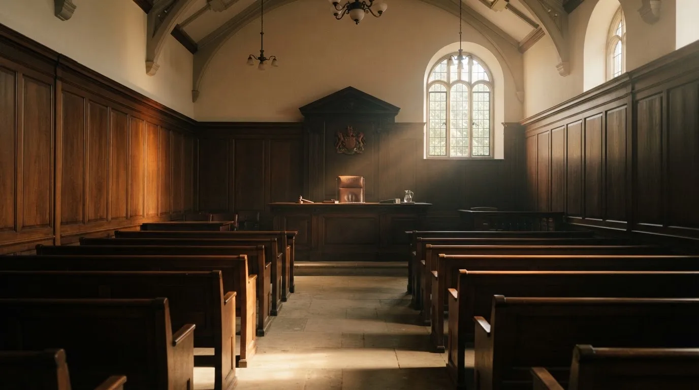 Sala de tribunal vazia com painéis de madeira, à luz da manhã — cassinos de criptomoedas pt
