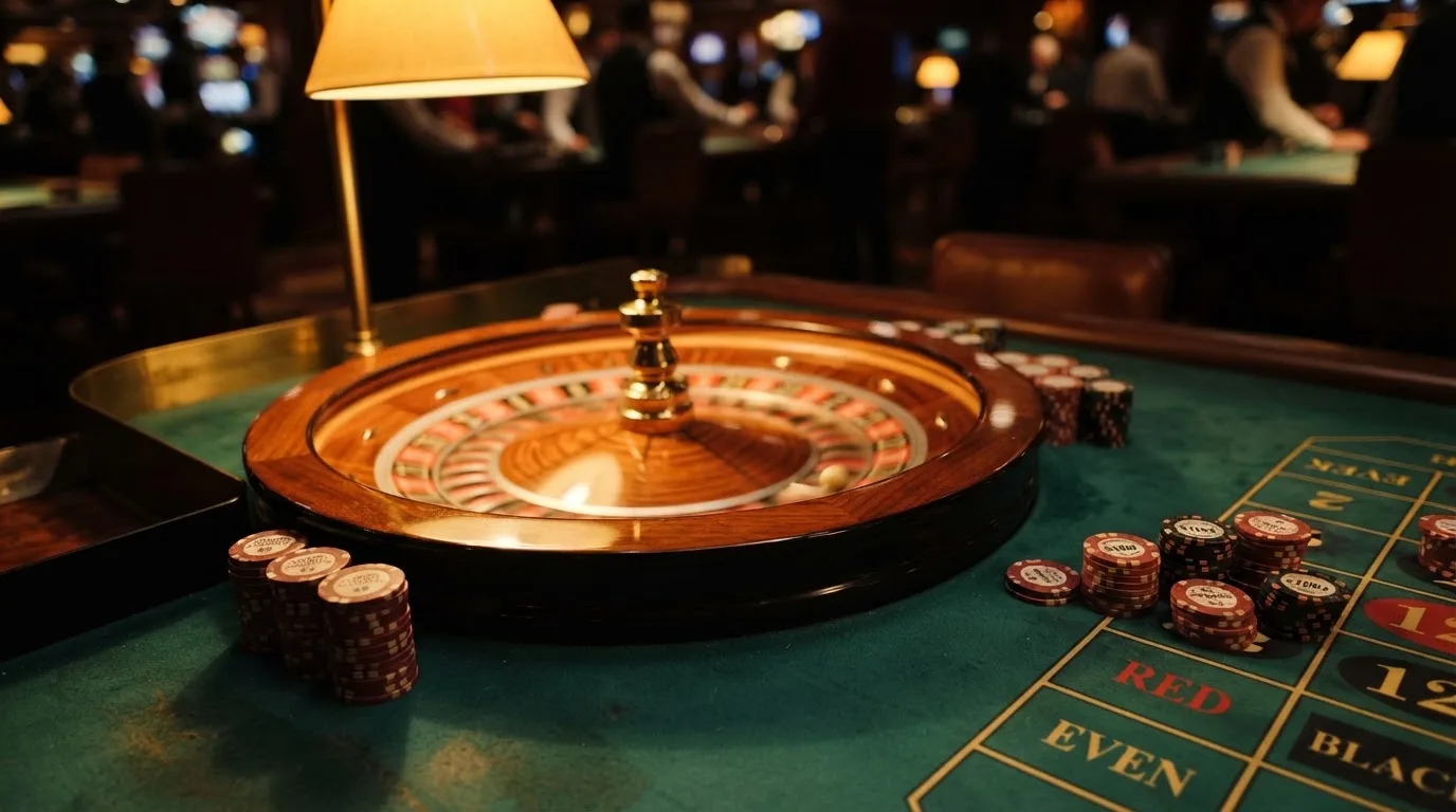 Roda de roleta e fichas sobre feltro verde, sob uma luz quente de fim de tarde — cassinos de criptomoedas pt